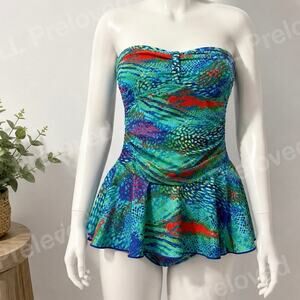 Ceeb Strapless Swim Dress One Piece Swimsuit Size 8 Blue Tropical Print